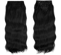 4 Pcs Clip-in Hair Extensions, Natural Black Synthetic Weft Hairpieces for Women, 22 Inch Long Wavy Hair Extensions