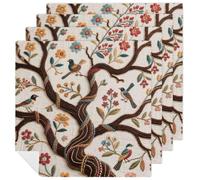 4 PCS Cloth Napkins Tree Birds Reusable Satin 18.7x18.7 Inch Washable Soft Table Napkins for Dining Wedding, Holiday Decor & Eco-Friendly Kitchen Gifts