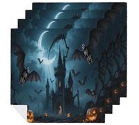 4 PCS Cloth Napkins Washable Table Dinner Napkins Halloween Moon and Bat Decorative Hand Towels Reusable Floral Napkin Cloth for Everyday Spring Summer Fall Christmas Holiday Party Gift