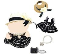 4 Pcs Clothing for 17cm Plush, Premium Doll Clothes Accessories,17cm Outfit, Stylish Dress Up Set with Skirt Straw Hat Shoulder Bag Necklace for Girls Birthday Holiday Present (Black, No Doll)
