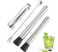 4 Pcs Cocktail Muddler Set, Stainless Steel Mojito Kit with Bar Spoon and Ice Tongs, 10inch Muddler for Professional and Amateur Bartenders for Making & Creating Delicious Mojitos, Fruit Based Drinks