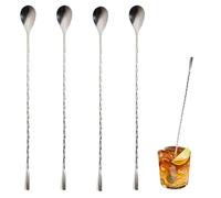 4 PCS Cocktail Stirrers, Stainless Steel Long Bar Spoons, Drink Stirrers with Spiral Pattern Teardrop End Design, for Mixing Cocktails and Lattes, Silver Spoons for Bar and Home Use
