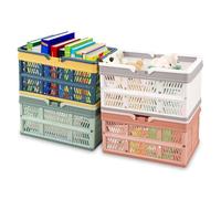 4 Pcs Collapsible Storage Crates with Handle 30x20x15.5cm Portable Outdoor Picnic Shopping Basket, Plastic Folding Crate for Milk Clothes Toy Book Snack Grocery Storage