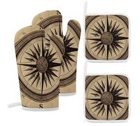 4 Pcs Compass Wind Road Map Oven Mitt and Pot Holder Set, Heat Resistant Long Oven Gloves & Hot Pads with Hanging Loop for Cooking Baking BBQ, Ideal Kitchen Gift for Cooks Bakers