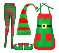 4 Pcs Complete Elf Costume Set for Women：Soft Comfortable Adult Christmas Elf Apron, Hat, Shoes & Striped Stockings | Perfect for Xmas Party, Halloween Cosplay, Stage Shows | Santa’s Helper Costume