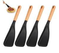 4 PCS Cooking Spoon with Wood Handle, Black Silicone Utensil for Mixing Scooping Serving, Silicone Salad Spoon, Hanging Hole Storage, for Nonstick Cookware