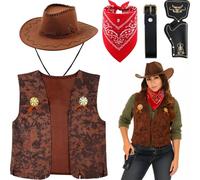 4 Pcs Cowboy Fancy Dress Costume Accessory Set Western Cowboy Fancy Dress Cowgirl Hat Bandanna Brown Waistcoat Toy Gun Belt Holster Unisex Adult for Halloween Hippie Disco Party