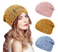 4 Pcs Crochet Slouchy Beanie Hat 2025 Fall Handmade Knit Floral Skull Cap Cotton Cutout Hats for Women Lightweight Knitted, Pink, Beige, Yellow, Blue, M/L