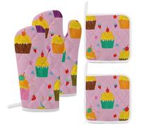 4 Pcs Cupcake Patterns Oven Mitt and Pot Holder Set, Heat Resistant Long Oven Gloves & Hot Pads with Hanging Loop for Cooking Baking BBQ, Ideal Kitchen Gift for Cooks Bakers