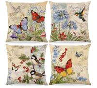 4 PCS Cushion Covers 40 X 40 Cm,Spring Flowers Cushion Covers,Wild Flower Plant Cushion Cover,Linen Print Easter Pillow Cushion,For Sofa Couch Bed Home Garden Outdoor Summer Spring Decorative (B)