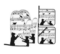 4 Pcs Cute Black Cat Animal Music Note Oven Mitts and Potholders,Kitchen Oven Glove with Pot Holders,Non-Slip Gloves High Heat Resistant 500 Degree for BBQ, Grill, Baking, Cooking, Oven, Microwave