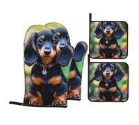4 Pcs Cute Dachshund Oven Mitts and Potholders,Kitchen Oven Glove with Pot Holders,Non-Slip Gloves High Heat Resistant 500 Degree for BBQ, Grill, Baking, Cooking, Oven, Microwave