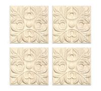 4 Pcs Decorative Wood Carved Appliques Onlays, 10 x 10cm Unpainted Solid Wood Square Carving Decal for Furniture Cabinet Wardrobe Closet Decoration