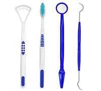 4-Pcs Dental Care Kit in Blue Colour, Oral Cleaning Tool Set, Dental Pick, Dental Mirror, Tongue Cleaner and Toothbrush, Dental Plaque Removal Tools, Ideal for Travel or Small Bathrooms