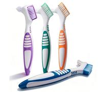 4 Pcs Denture Brush Set, Portable Retainer Cleaning Toothbrush with Double Bristle Head, Retainer & Denture Toothbrush for Oral Care for Cleaning False Teeth, Mouth Guards（Multicolor）