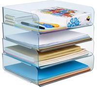 4 PCS Desk Letter Tray Set, A4 Size Clear PET Stackable Document Organizer Office Desktop File Paper Holder Book Storage Rack for Supplies,Magazine,File Documents,Receipts (Blue)