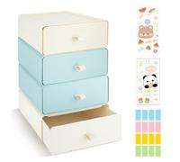 4 PCS Desktop Stackable Organiser, Plastic Storage Boxes with 4 Drawers, Desk Makeup Organizer with 3 Tabs, Small Office Storage for Stationery Makeup, Supplies Bathroom Dorm (2*Light Blue + 2*White)