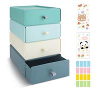 4 PCS Desktop Stackable Organiser, Plastic Storage Boxes with 4 Drawers, Desk Makeup Organizer with 3 Tabs, Small Office Storage for Stationery Makeup, Supplies Bathroom Dorm(4 Colors)