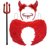 4 Pcs Devil Costume Accessories for Girsl and Women, Fallen Angel Fancy Dress Sets with Angel Wings, Sequin Horns Headband Necklace and Pitchfork for World Book Day Halloween Outfit Cosplay Party-Red
