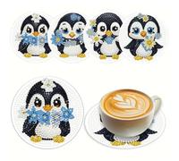 4 Pcs Diamond Art Coasters Kits, DIY Blue Flower Penguin Diamond Painting Coasters with Wooden Holder, Fun Animal Craft Kit for Adults Beginners Gifts
