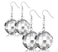 4 PCS Disco Ball Earrings, Silver Mirrorball Earrings Women's 70s Disco Ball Dangle Costume Accessories for Retro Last Bachelorette Bridal Shower New Year Accessories