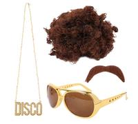 4 PCS Disco Hippie Costume Set, 70s Fancy Dress Funky Afro Wig, Afro Wig, Funky Sunglasses, Disco Necklace, Fake Mustache for Kids, Mens, Women (Brown)