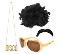 4 PCS Disco Hippie Costume Set, 70s Fancy Dress Men Funky Afro Wig for Men 70s 80s Afro Hippy Wig, Funky Sunglasses, Disco Necklace, Fake Mustache for Kids & Adults (Black)