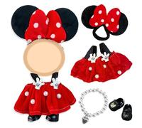 4 Pcs Doll Clothes 17cm Plush Dolls, 17cm doll clothes Adorable Outfit Includes Minnie Hair Bands Pearl Back Dress Love Necklace Shoes Plush Toy Dress Up Costume Dolls Accessories for Girls Kids