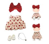 4 Pcs Doll Clothes for 17cm Plush Dolls, Cute Doll Clothes Accessories Sets Include 1 Heart Dress 1 Red Bow Hair Clip 1 Necklace 1 Pair of Shoes Doll Outfit for Best Gifts Birthday Holiday Present