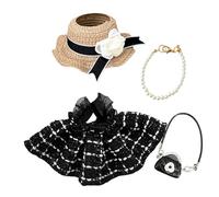 4 Pcs Doll Clothes for 17cm Plush Dolls, Elegant Doll Clothes Accessories Set with 1 Classic Check Dress 1 Straw Fabric Hat 1 Necklace, 1 Floral Bag for Girls Birthday, No Doll
