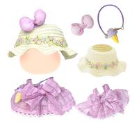 4 Pcs Doll Clothes for 17cm Plush Dolls，Purple Sweet Doll Clothes Accessories Set with 1 Checkered Bow Strap Dress 1 Hat 1 Bow Hair Clip 1 Ice Cream Decoration for Girls Birthday, No Doll