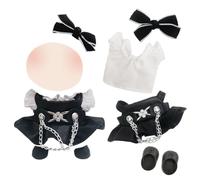 4 Pcs Doll Clothes for 17cm Plush Dolls, Sweet Edgy Doll Clothes Accessories Set with white short sleeved Black Leather Pinafore Dress Bow Hair Clip Shoes for Girls Boys Birthday Gift, No Doll