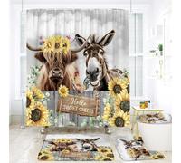 4 Pcs Donkey Highland Cow Shower Curtain Sunflower Wood Paneling Sky Hello Sweet Cheeks Rustic Style Wildlife Bathroom Decor Polyester Waterproof with Hooks 70x70In