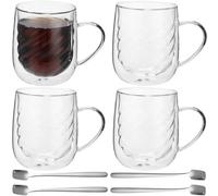 4 Pcs Double Walled Glass Coffee Mug Set, 12 oz Insulated Clear Cups with Handle and 4 Stainless Steel Spoons, Spiral Pattern Design Glassware for Latte, Cappuccino, Tea Bag, Hot and Cold Drinks
