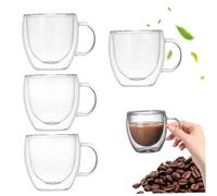 4 Pcs Double Walled Glass Coffee Mugs 5.07 Oz Coffee Mug Clear Glass Espresso Cups Heat-Resistant Cups with Secure Grip Perfect for Espresso Tea Milk and Juice, Decor