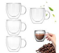 4 Pcs Double Walled Glass Coffee Mugs 5.07 Oz Coffee Mug Clear Glass Espresso Cups Heat-Resistant Cups with Secure Grip Perfect for Espresso Tea Milk and Juice for Kitchen