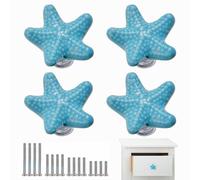 4 PCS Drawer Handles with 4 Sizes Screws, Coastal Ceramic Kitchen Handles, Starfish Drawer Knobs, Cupboard Door Handle for Dresser Bathroom and Kitchen, Beach Ocean Theme Cabinet Knobs, Blue
