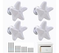 4 PCS Drawer Handles with 4 Sizes Screws, Coastal Ceramic Kitchen Handles, Starfish Drawer Knobs, Cupboard Door Handle for Dresser Bathroom and Kitchen, Beach Ocean Theme Cabinet Knobs, White