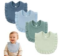 4 Pcs Dribble Bibs, 100% Cotton Muslin Baby Bandana Drool Bibs, Soft Absorbent Teething Bibs for Newborns & Infants 0-12 Months, Reusable bib with Decorative Ruffle Trim and Button Closure (Blue)