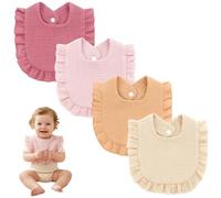 4 Pcs Dribble Bibs, 100% Cotton Muslin Baby Bandana Drool Bibs, Soft Absorbent Teething Bibs for Newborns & Infants 0-12 Months, Reusable bib with Decorative Ruffle Trim and Button Closure (Pink)