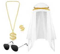 4 Pcs Dubai Arab Costume Accessories Halloween Dubai Hat Scarf Dollar Sign Money Chain Sunglasses Ring Rapper Turban White Arab Wrap for Cosplay 80s 90s Men Hip Hop, Gold, One size