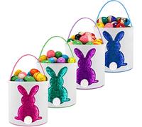 4 Pcs Easter Basket Bags Canvas Bunny Basket Egg Bag Bunny Tote Bag Easter Eggs Hunt Basket Bucket Rabbit Fluffy Tails Party Celebrate Toys Carry Candy Egg Bucket Rabbit Print Buckets for Gift Sets