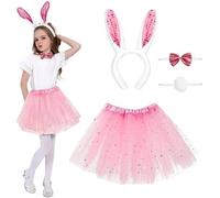 4 Pcs Easter Bunny Costume, Pink Rabbit Dress Up Outfit with Bunny Ears Headband, Tutu Skirt, Tail, Bowtie, for 3-10y Girls Carnival Cosplay Costume