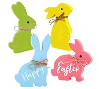 4 Pcs Easter Bunny Decorations for Home, Wooden Rabbit Ornament with Jute Twine Bow, Stand Up Happy Easter Table Decorations, Spring Decoration for Home Office Supplies (Pink Yellow Green Blue)
