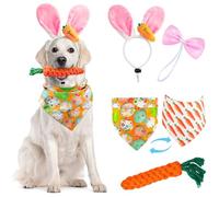 4 PCS Easter Dog Costumes Cute Bunny Ears Headband Reversible Eggs Puppy Bandana Bowtie Pink Easter Outfits for Small Medium Large Dogs Funny Carrot Rope Chew Toys Birthday Party Accessories