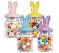 4 Pcs Easter Glass Jars with Ceramic Bunny Ear Lid - Airtight Candy Storage Canisters for Chocolate, Cookies, and Party Table Decorations