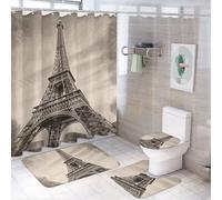 4 Pcs Eiffel Tower Pattern Bathroom Set with Bath Mat, Shower Curtain with 12 Hooks, Anti-Slip U Shape and Toilet Lid Cover for Bathroom Decor