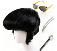 4 Pcs Elvis Costume, Elvis Wig Set with Glasses Microphone Necklace | Black rocker wig, retro sunglasses, pendant necklace, microphone prop. Adjustable fit. Elvis costume, elvis wig for cosplay.