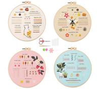 4 Pcs Embroidery Kit, Cross Stitch Kits, Embroidery Kits, Embroidery Kits for Adults, Embroidery Kit for Beginners, for Including Bamboo Frame, Printed Canvas, Embroidery Thread, Needles & Tools