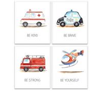 4 PCS Emergency Vehicle Wall Art Car Nursery Decor Boys Room Wall Decor, Unframed, Cute Fire Truck Ambulance Police Car Transportation Prints Painting Artwork for Bedroom Home Living Room, 8x10 inch